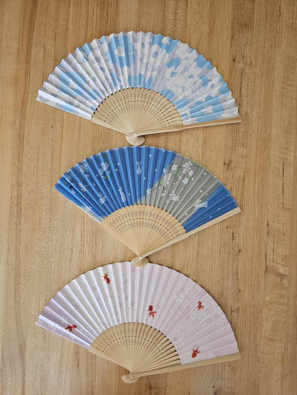 Set of 3 Folding Hand Fans - Blue, Light Blue, Pink